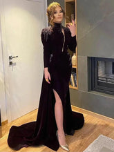 Black High Neck Lace Mermaid Evening Dress Long Sleeve Saudi Arabia Prom Dresses Side Split Caftan Party Gowns